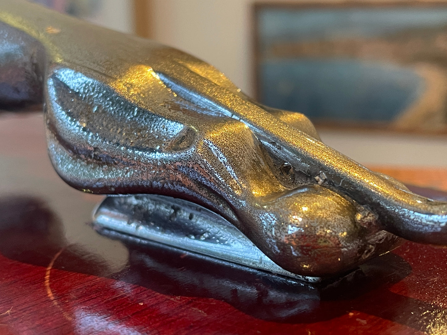 Jaguar Leaping Cat Mascot Sculpture – Chrome Finish on Lacquered Wooden Plinth (c. mid–late 20th century)