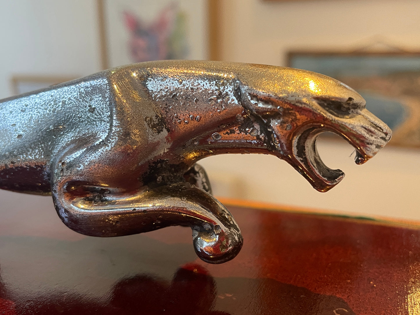 Jaguar Leaping Cat Mascot Sculpture – Chrome Finish on Lacquered Wooden Plinth (c. mid–late 20th century)