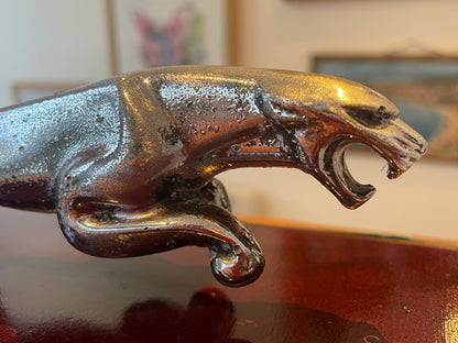 Jaguar Leaping Cat Mascot Sculpture – Chrome Finish on Lacquered Wooden Plinth (c. mid–late 20th century)