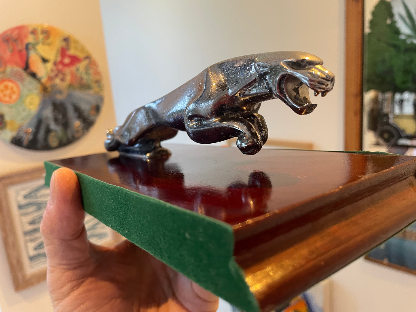 Jaguar Leaping Cat Mascot Sculpture – Chrome Finish on Lacquered Wooden Plinth (c. mid–late 20th century)