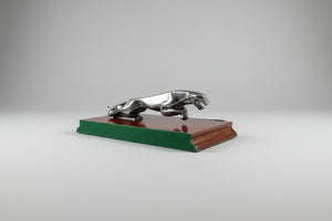 Jaguar Leaping Cat Mascot Sculpture – Chrome Finish on Lacquered Wooden Plinth (c. mid–late 20th century)