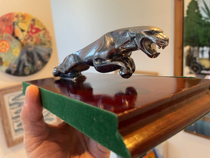 Jaguar Leaping Cat Mascot Sculpture – Chrome Finish on Lacquered Wooden Plinth (c. mid–late 20th century)