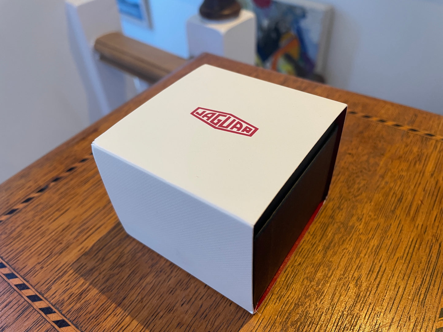 Jaguar Branded Cufflinks – Chrome Finish with Black Enamel Logo, Original Presentation Box (c. late 20th century)