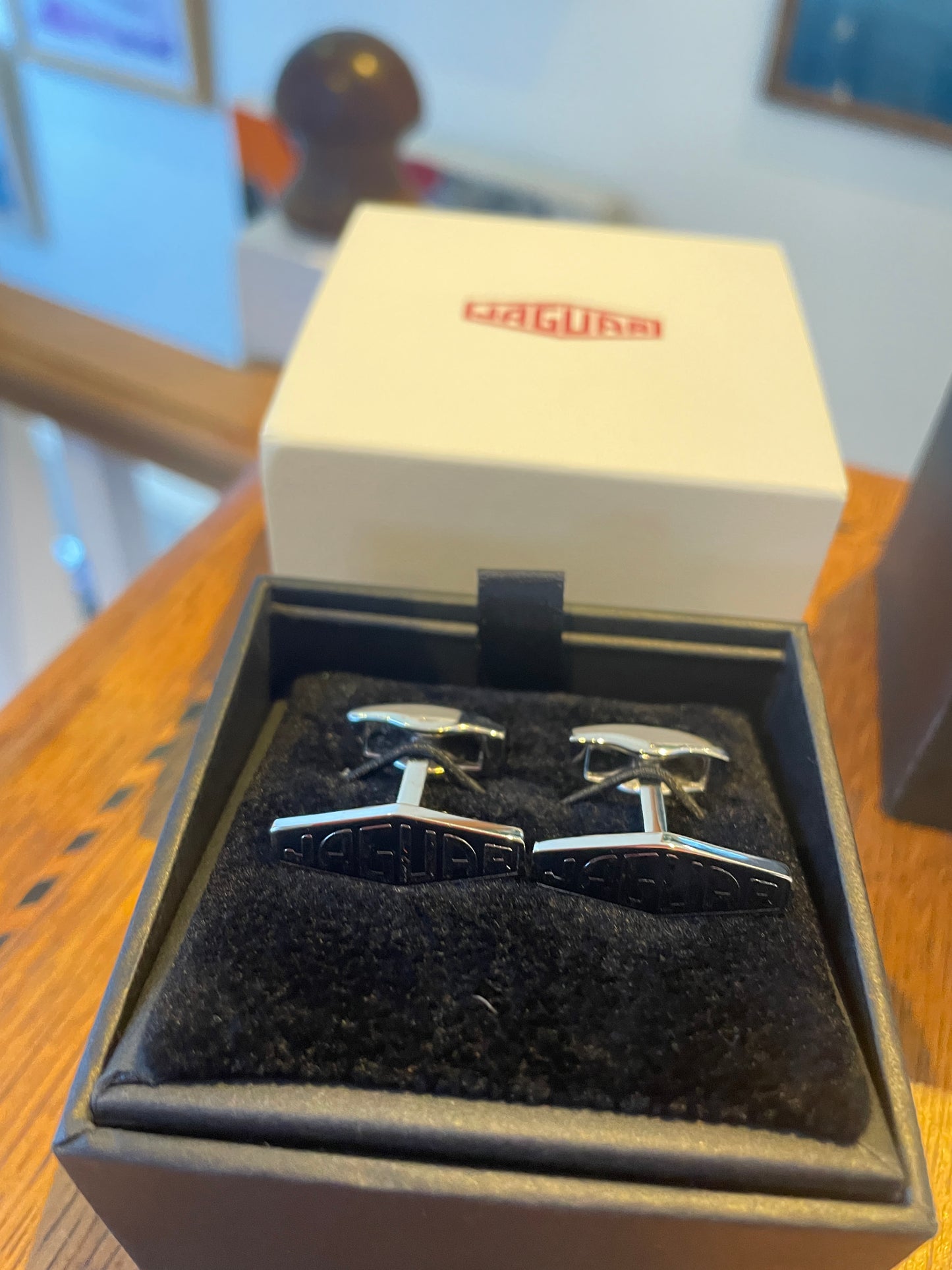 Jaguar Branded Cufflinks – Chrome Finish with Black Enamel Logo, Original Presentation Box (c. late 20th century)