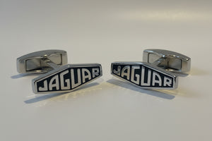 Jaguar Branded Cufflinks – Chrome Finish with Black Enamel Logo, Original Presentation Box (c. late 20th century)
