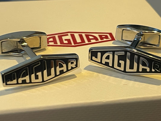 Jaguar Branded Cufflinks – Chrome Finish with Black Enamel Logo, Original Presentation Box (c. late 20th century)
