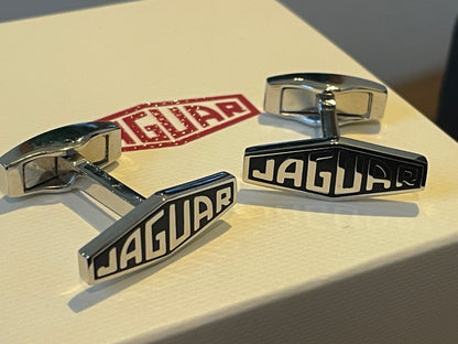 Jaguar Branded Cufflinks – Chrome Finish with Black Enamel Logo, Original Presentation Box (c. late 20th century)
