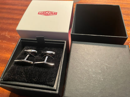 Jaguar Branded Cufflinks – Chrome Finish with Black Enamel Logo, Original Presentation Box (c. late 20th century)