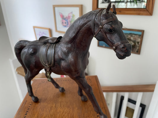 Antique Leather Horse Figure – Hand Modelled Equestrian Sculpture with Original Tack (c.1920s)