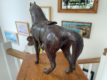 Antique Leather Horse Figure – Hand Modelled Equestrian Sculpture with Original Tack (c.1920s)