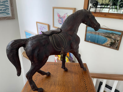 Antique Leather Horse Figure – Hand Modelled Equestrian Sculpture with Original Tack (c.1920s)