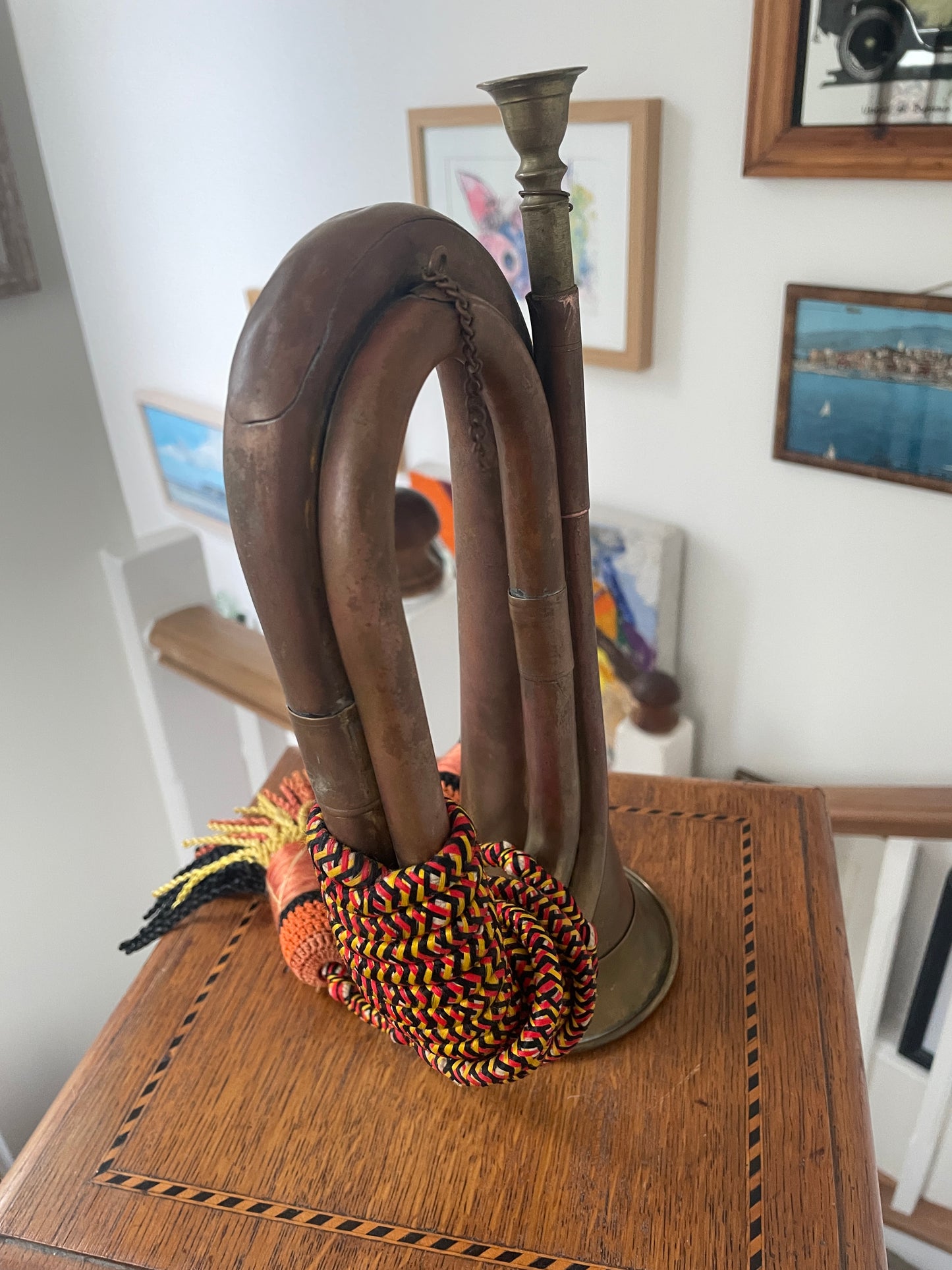 Antique Brass Hunting Horn – Ceremonial Huntsman’s Horn with Braided Cord and Tassels (c.1900–1930)