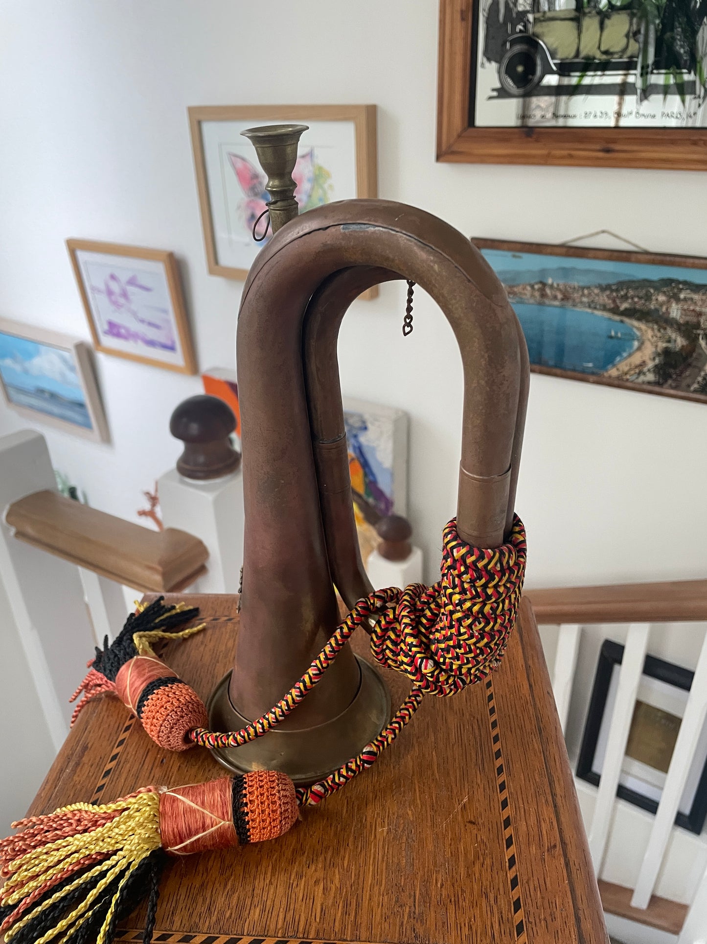 Antique Brass Hunting Horn – Ceremonial Huntsman’s Horn with Braided Cord and Tassels (c.1900–1930)