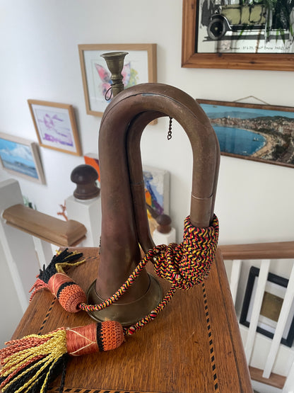 Antique Brass Hunting Horn – Ceremonial Huntsman’s Horn with Braided Cord and Tassels (c.1900–1930)