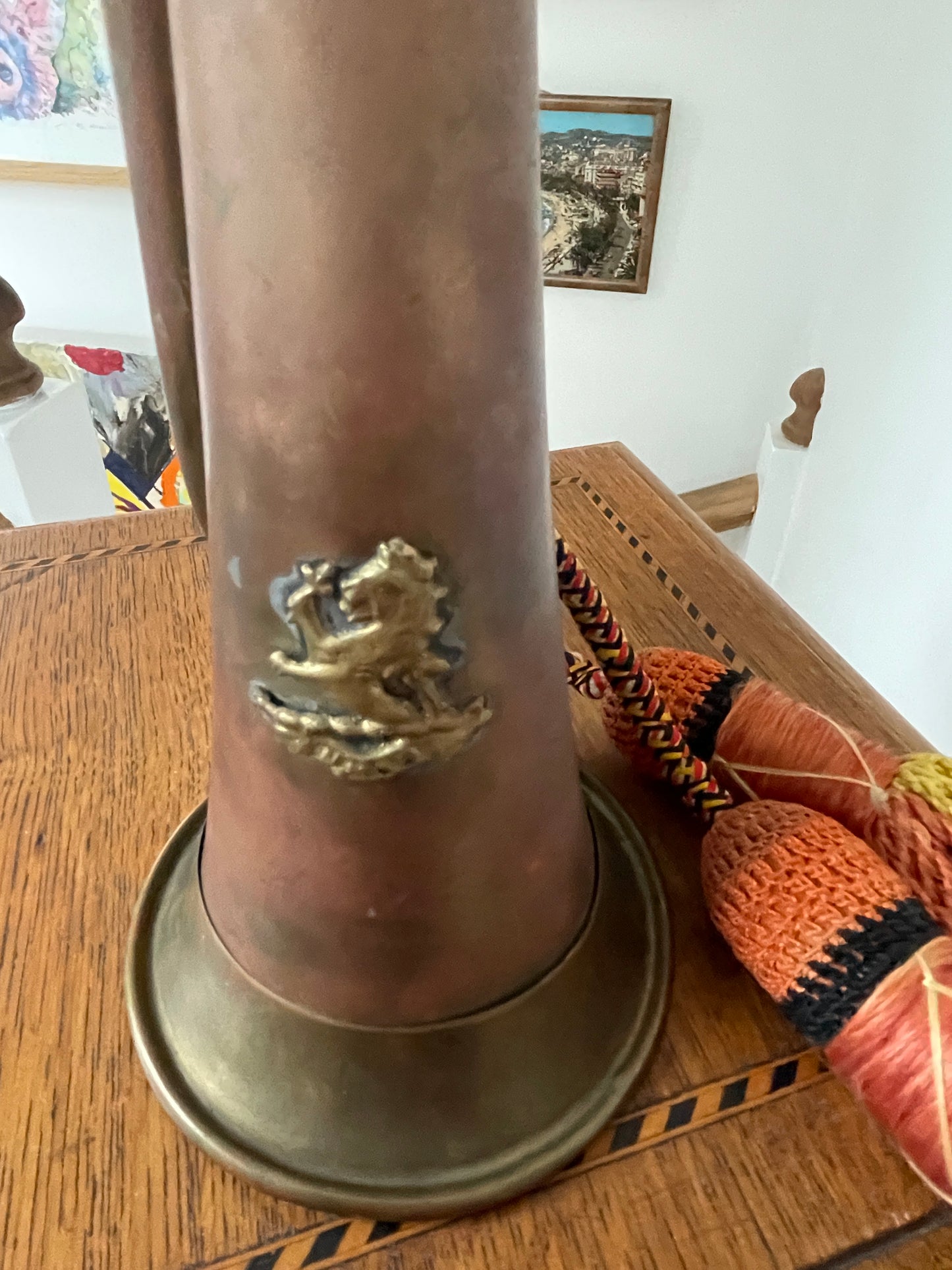 Antique Brass Hunting Horn – Ceremonial Huntsman’s Horn with Braided Cord and Tassels (c.1900–1930)