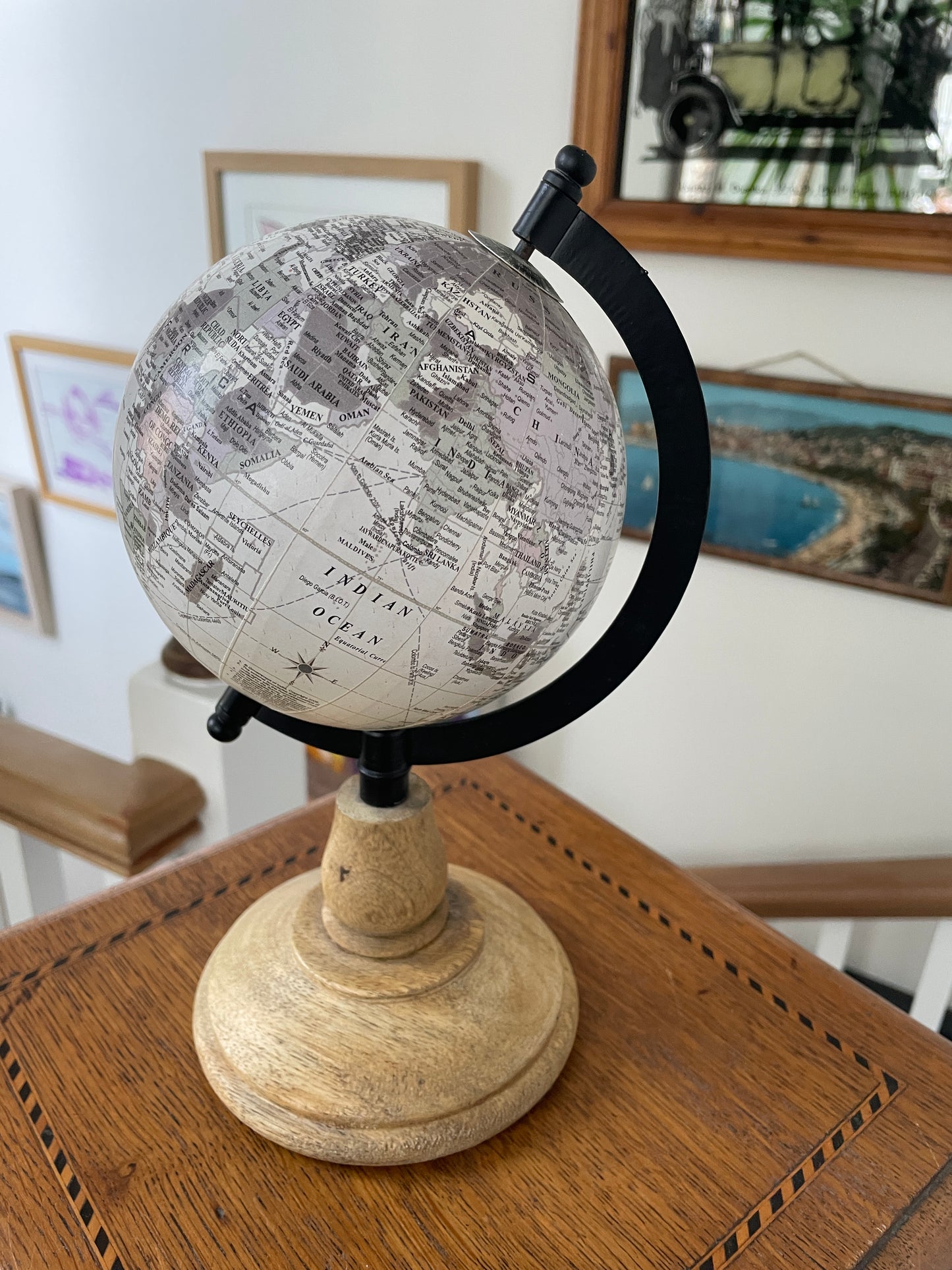 Vintage Desk Globe with Turned Wooden Base Black Meridian Arm World Map 25cm Tall