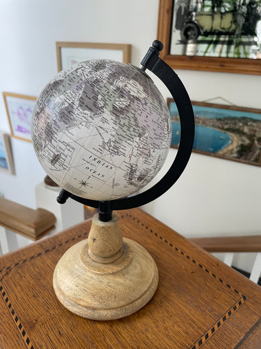 Vintage Desk Globe with Turned Wooden Base Black Meridian Arm World Map 25cm Tall