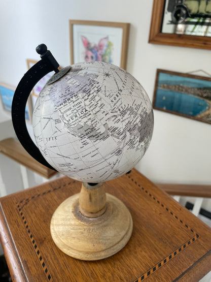 Vintage Desk Globe with Turned Wooden Base Black Meridian Arm World Map 25cm Tall