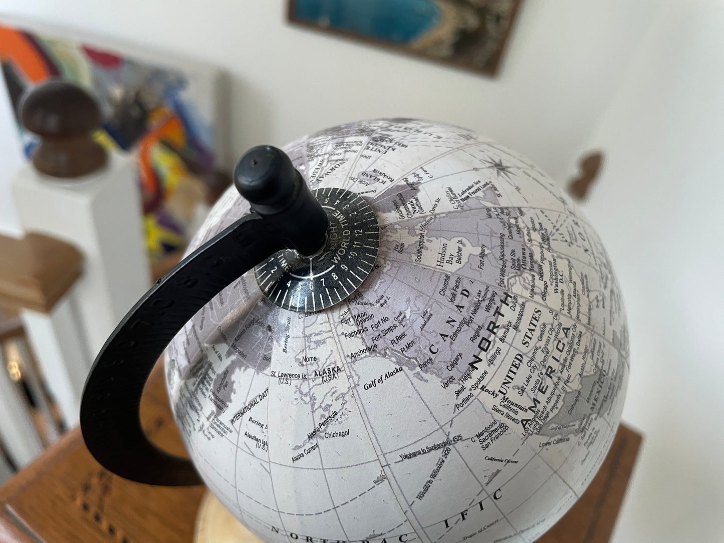 Vintage Desk Globe with Turned Wooden Base Black Meridian Arm World Map 25cm Tall