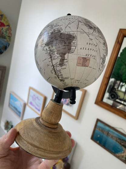 Vintage Desk Globe with Turned Wooden Base Black Meridian Arm World Map 25cm Tall