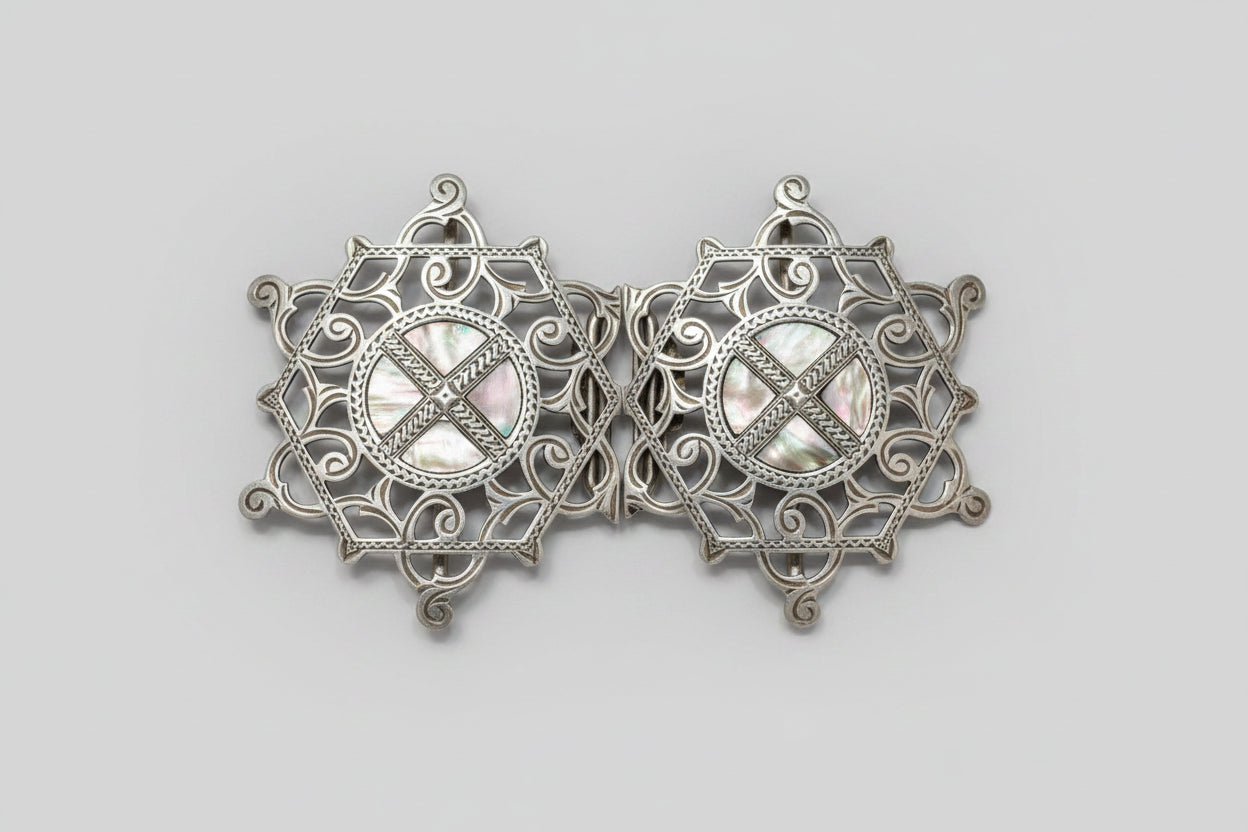 Antique Edwardian Sterling Silver Abalone Belt Buckle Birmingham 1911 Openwork