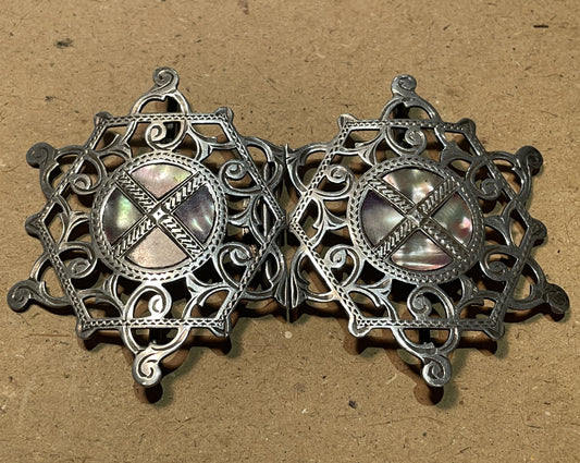 Antique Edwardian Sterling Silver Abalone Belt Buckle Birmingham 1911 Openwork