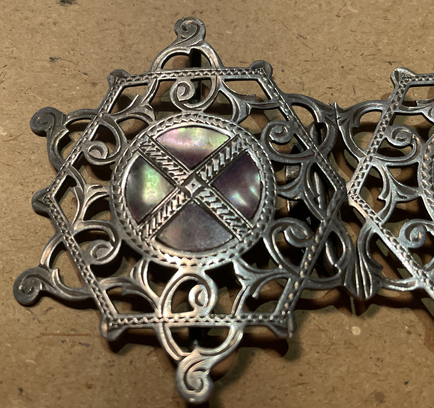 Antique Edwardian Sterling Silver Abalone Belt Buckle Birmingham 1911 Openwork