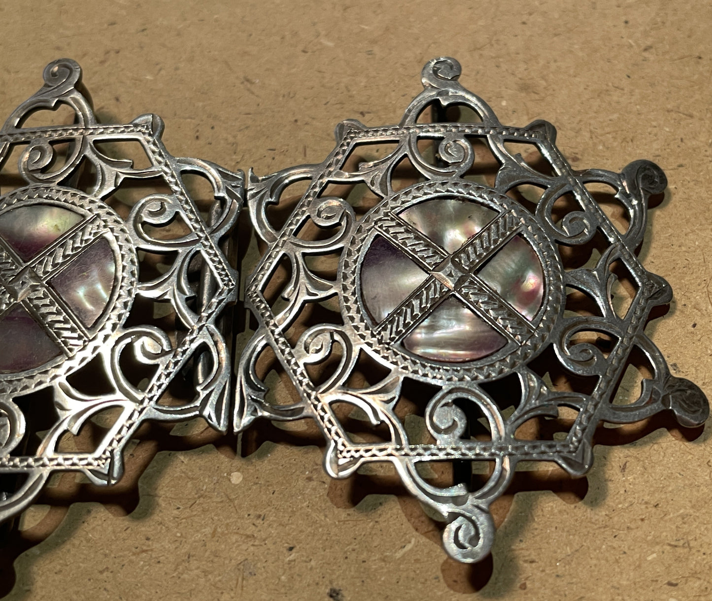 Antique Edwardian Sterling Silver Abalone Belt Buckle Birmingham 1911 Openwork