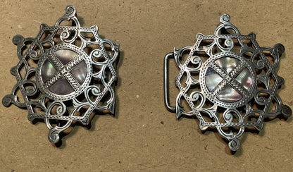 Antique Edwardian Sterling Silver Abalone Belt Buckle Birmingham 1911 Openwork