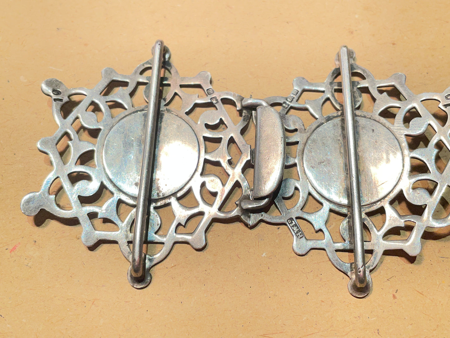 Antique Edwardian Sterling Silver Abalone Belt Buckle Birmingham 1911 Openwork