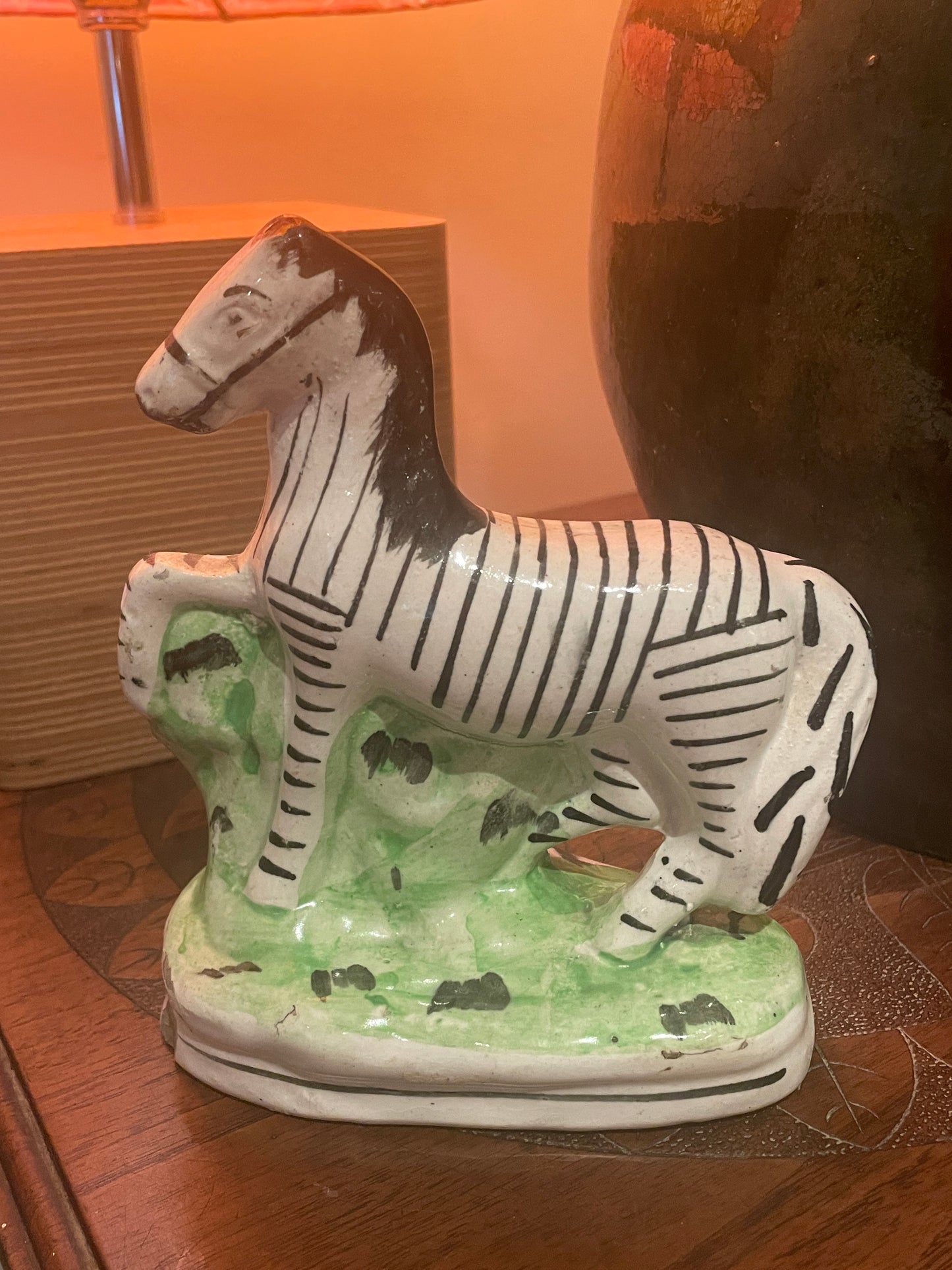 Antique Staffordshire Style Zebra Figure – Hand Painted Ceramic Animal Ornament (c. late 19th Century)