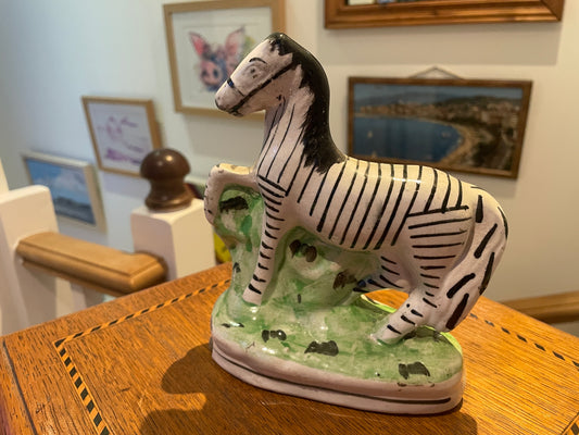 Antique Staffordshire Style Zebra Figure – Hand Painted Ceramic Animal Ornament (c. late 19th Century)