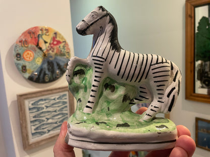 Antique Staffordshire Style Zebra Figure – Hand Painted Ceramic Animal Ornament (c. late 19th Century)
