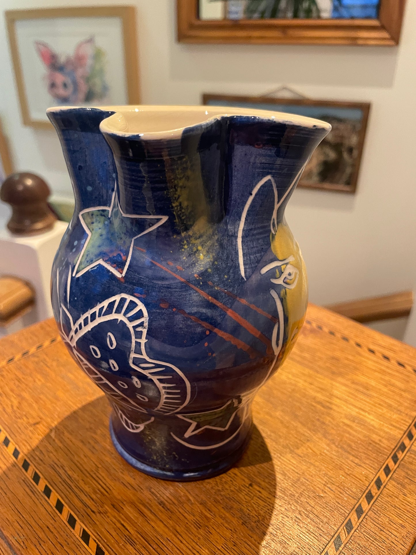 Jean-Paul Landreau Studio Pottery Jug – French Abstract Sgraffito Face Design (Late 20th Century)