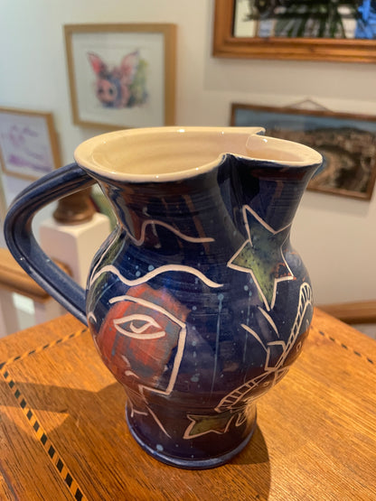 Jean-Paul Landreau Studio Pottery Jug – French Abstract Sgraffito Face Design (Late 20th Century)