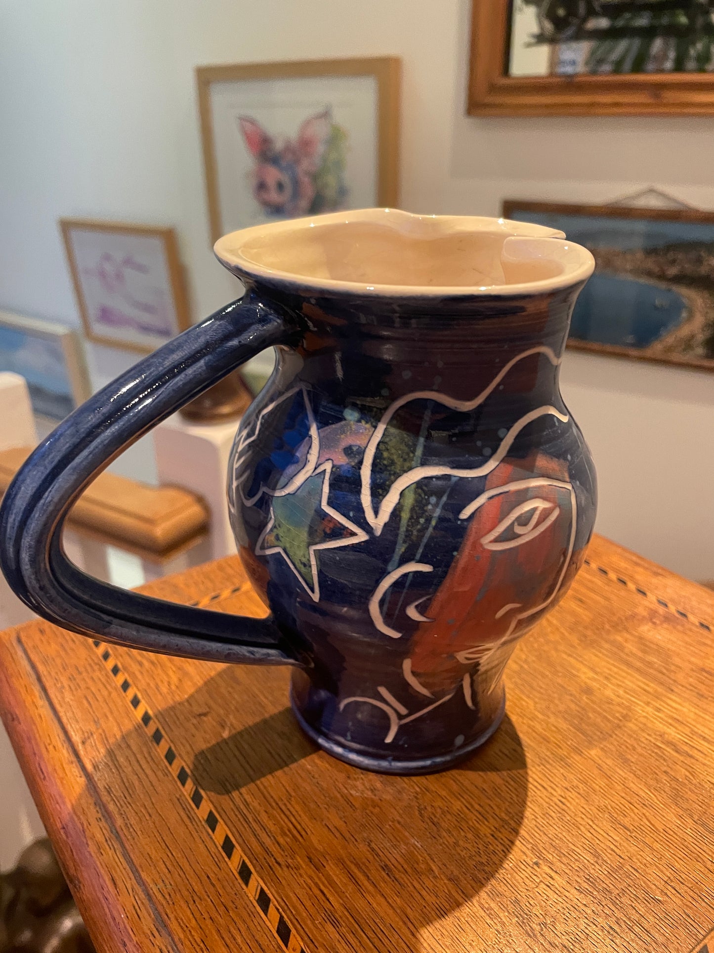 Jean-Paul Landreau Studio Pottery Jug – French Abstract Sgraffito Face Design (Late 20th Century)