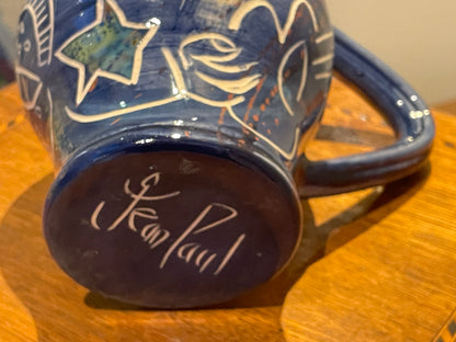 Jean-Paul Landreau Studio Pottery Jug – French Abstract Sgraffito Face Design (Late 20th Century)