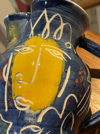 Jean-Paul Landreau Studio Pottery Jug – French Abstract Sgraffito Face Design (Late 20th Century)