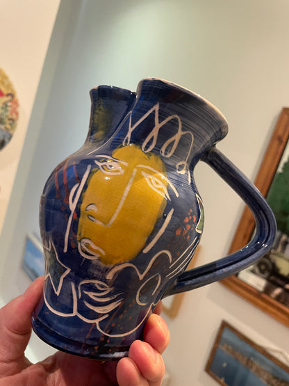 Jean-Paul Landreau Studio Pottery Jug – French Abstract Sgraffito Face Design (Late 20th Century)