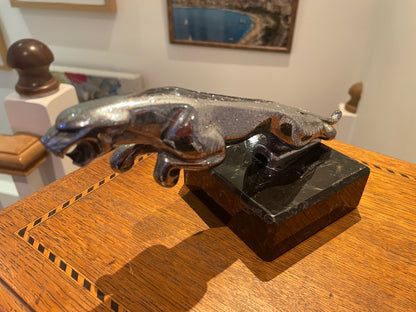 Vintage Jaguar Leaping Cat Bonnet Mascot – Chrome Plated Wilmot Breeden 7/10091/1 WBB on Marble Base (c.1950s–60s)