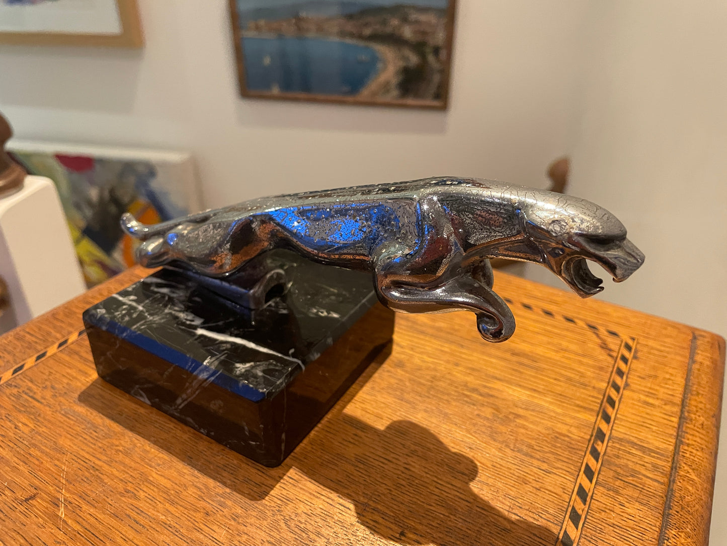 Vintage Jaguar Leaping Cat Bonnet Mascot – Chrome Plated Wilmot Breeden 7/10091/1 WBB on Marble Base (c.1950s–60s)