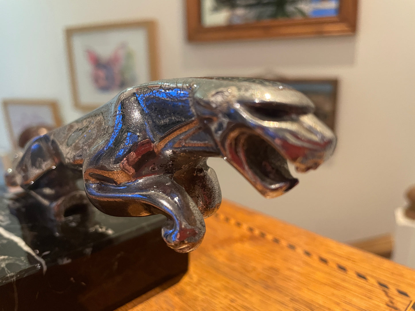 Vintage Jaguar Leaping Cat Bonnet Mascot – Chrome Plated Wilmot Breeden 7/10091/1 WBB on Marble Base (c.1950s–60s)