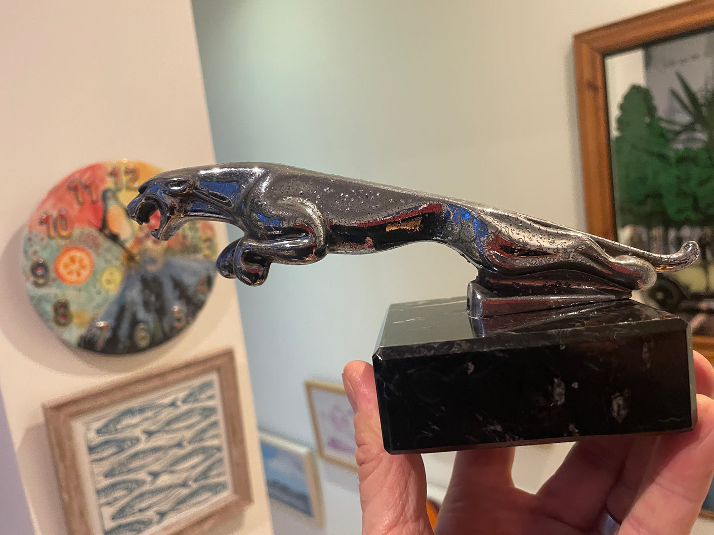 Vintage Jaguar Leaping Cat Bonnet Mascot – Chrome Plated Wilmot Breeden 7/10091/1 WBB on Marble Base (c.1950s–60s)