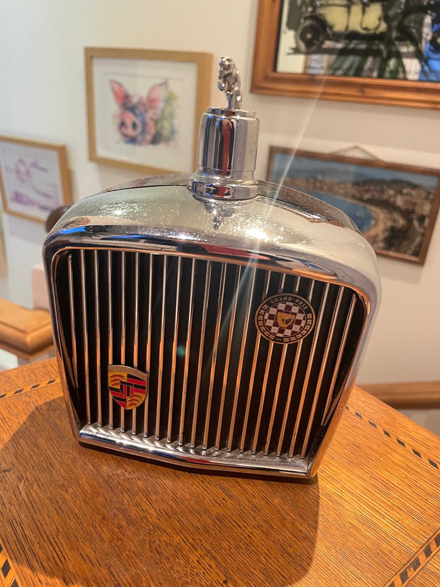 Vintage Jaguar Musical Decanter – Royal London Chrome Grille Barware with Leaping Jaguar Lid (1968)