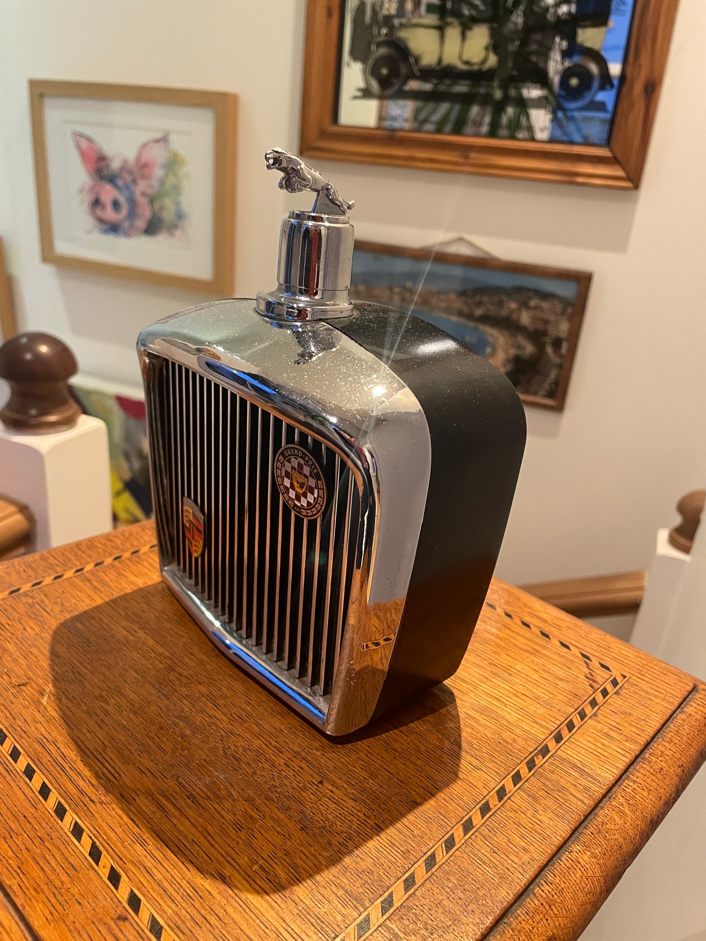 Vintage Jaguar Musical Decanter – Royal London Chrome Grille Barware with Leaping Jaguar Lid (1968)