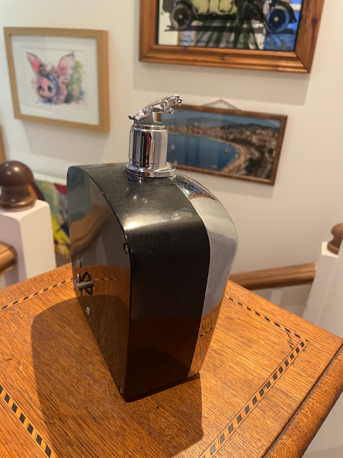 Vintage Jaguar Musical Decanter – Royal London Chrome Grille Barware with Leaping Jaguar Lid (1968)