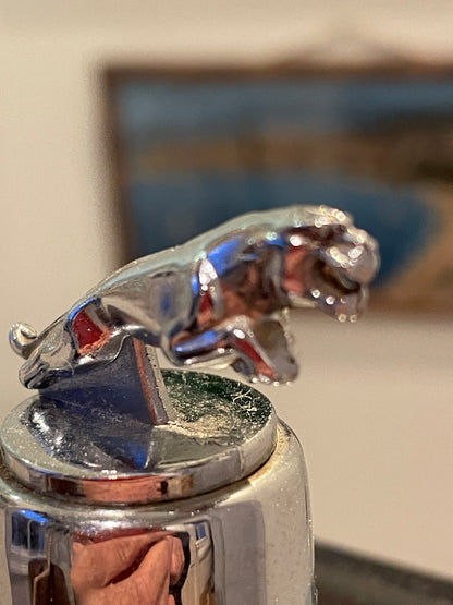 Vintage Jaguar Musical Decanter – Royal London Chrome Grille Barware with Leaping Jaguar Lid (1968)