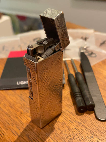 Vintage Dunhill Rollagas Gas Lighter – Swiss Made Engine-Turned Case with Original Service Kit (c.1960s–70s)