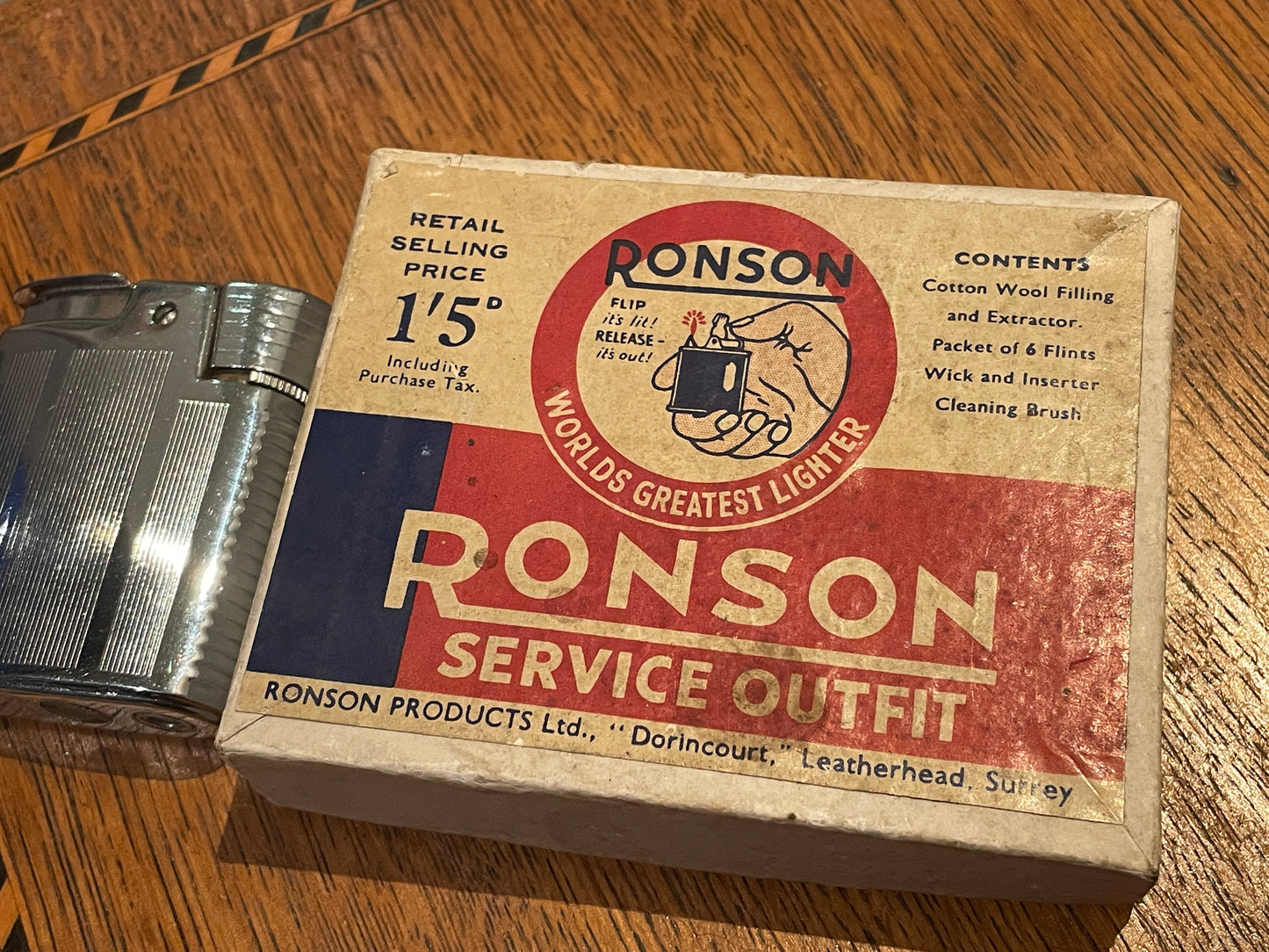 Vintage Ronson Gas Lighter with Original Ronson Petrol Service Outfit – Made in England (c.1950s)