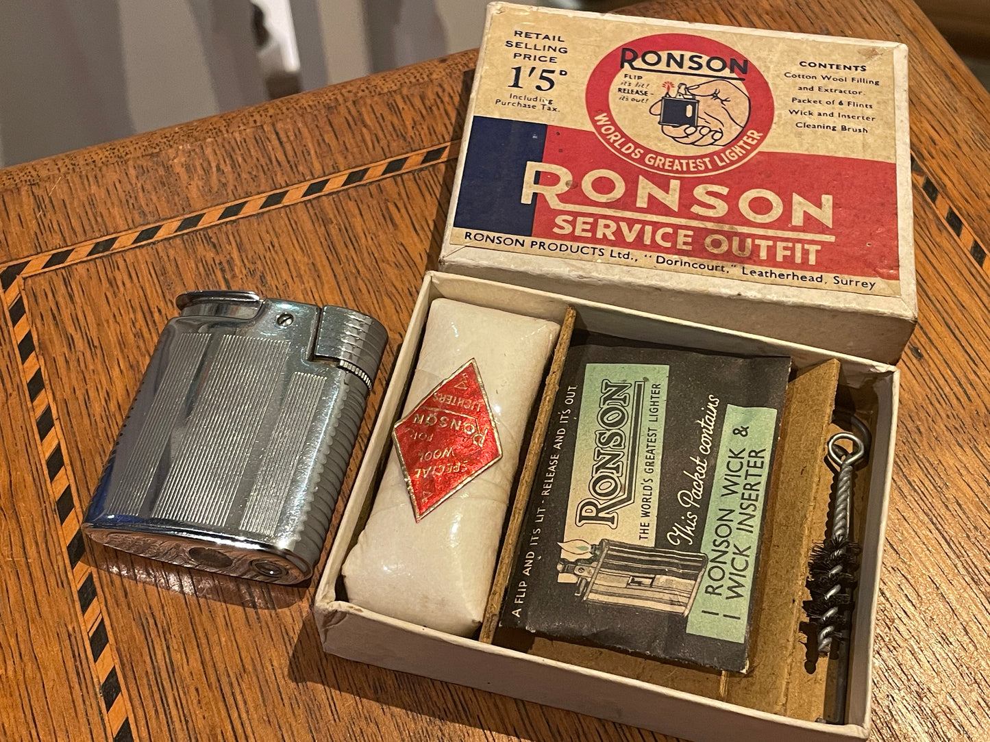 Vintage Ronson Gas Lighter with Original Ronson Petrol Service Outfit – Made in England (c.1950s)